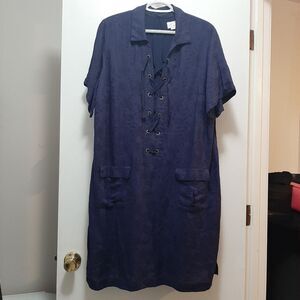 Anthropologie Linen blend Navy Lace Up Long Lined Front Pockets Shift Dress